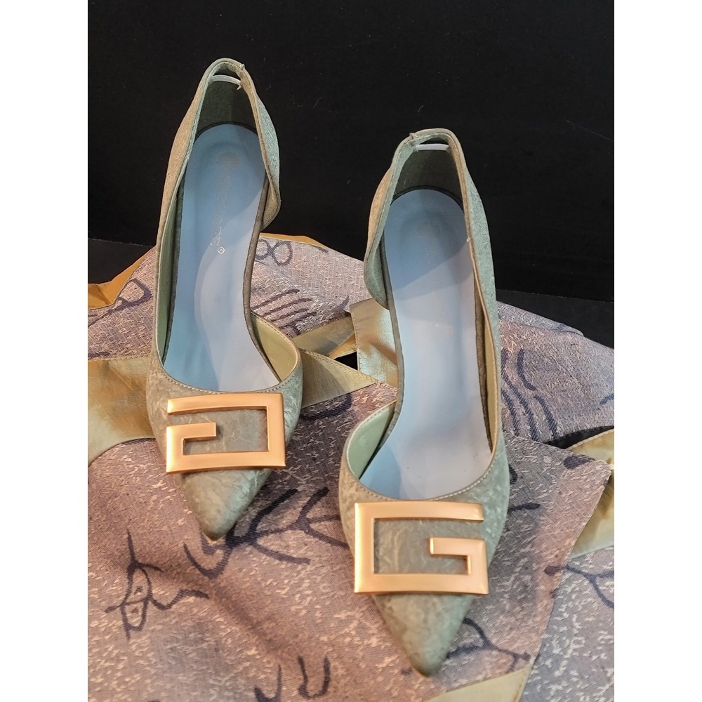 Bigtree Women Sage Green Textured Pointed Toe Pumps Gold G Buckle Stiletto Heels
